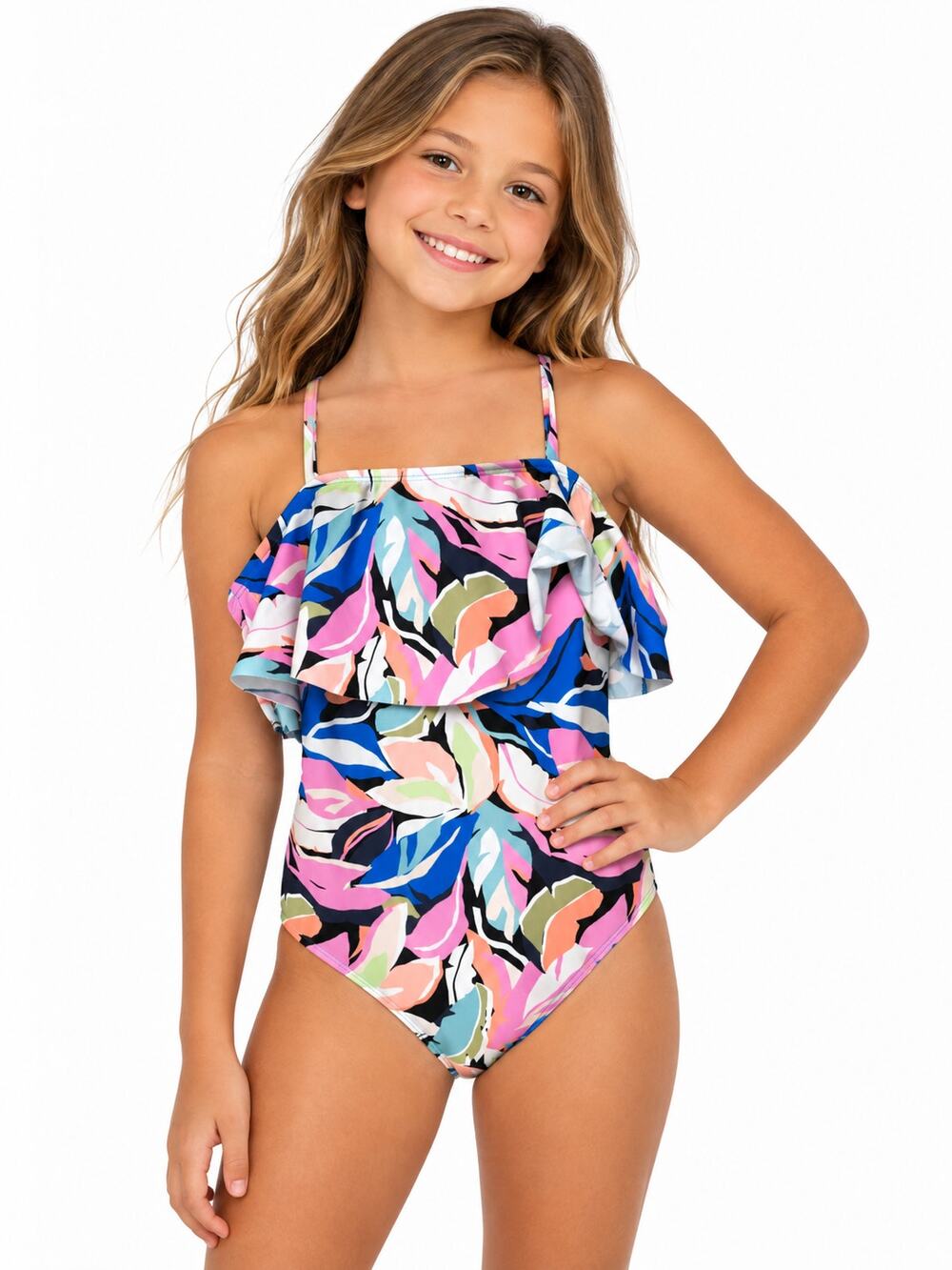 Raising Girls Size 10 Floral Ruffle One Piece Swimsuit Multicolor